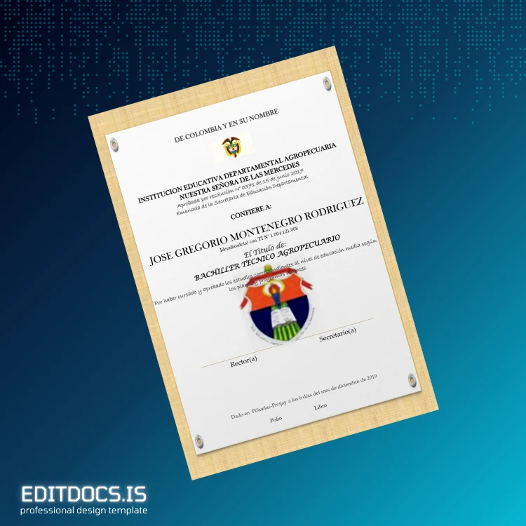 Editable Colombia Institución Educativa Departamental Agropecuaria Nuestra Señora de las Mercedes Technical High School Diploma Template Page Preview - EditDocs