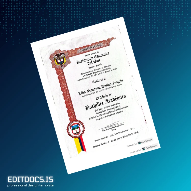 Editable Colombia Institución Educativa del Sur High School Diploma Page Preview - EditDocs