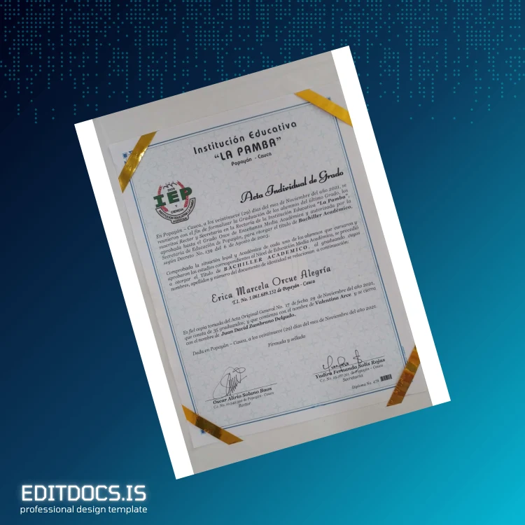 Editable Colombia Institution Educativa _La Pamba_ High School Diploma Page Preview - EditDocs