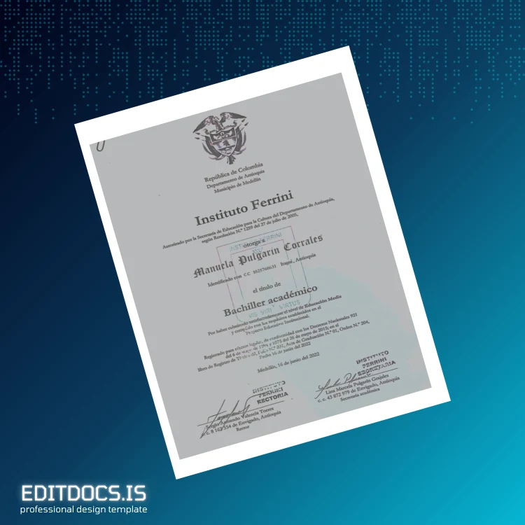 Editable Colombia Instituto Fertini High School Diploma Page Preview - EditDocs