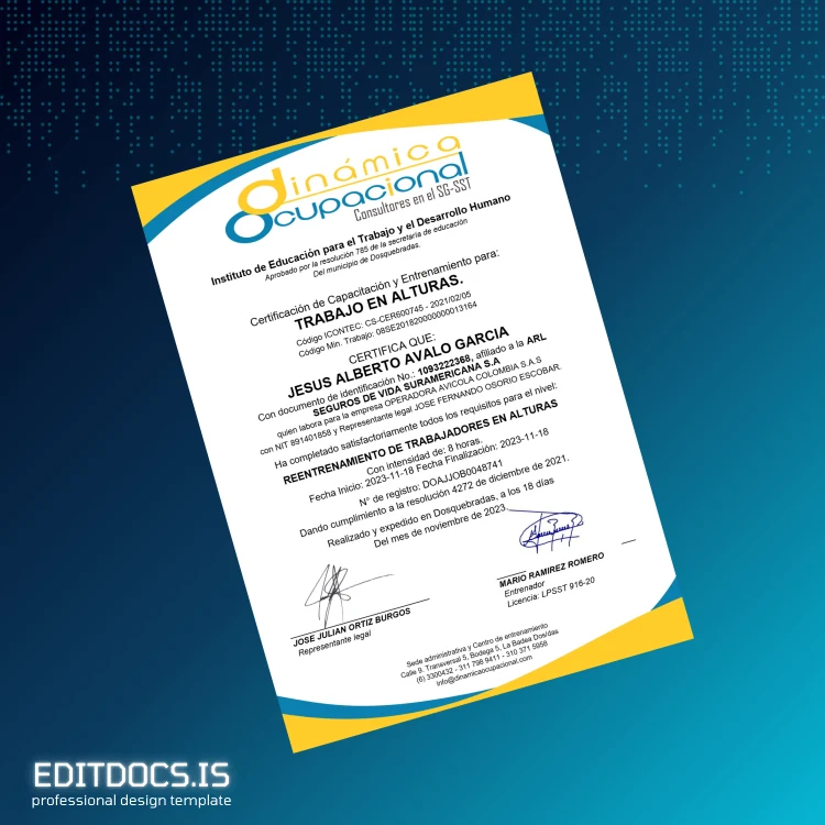 Editable Colombia Instituto de Educación para el Trabajo y el Desarrollo Humano Certification of Training for Work at Heights Page Preview - EditDocs