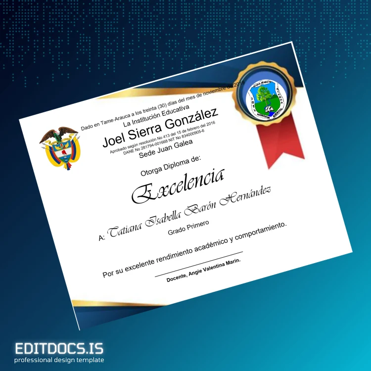 Editable Colombia Joel Sierra González Excellence Diploma page 2 Page Preview - EditDocs