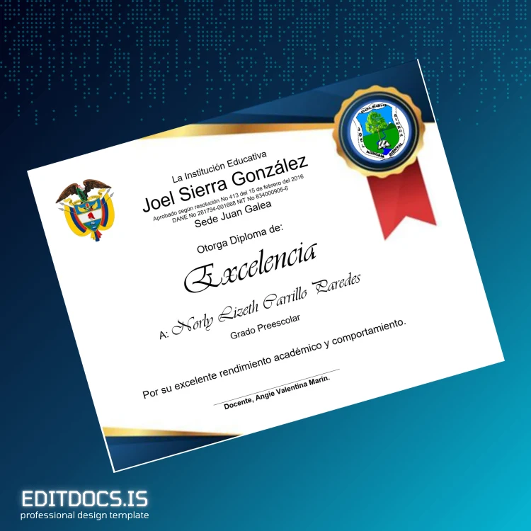 Editable Colombia Joel Sierra González Excellence Diploma Page Preview - EditDocs