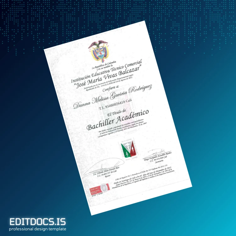 Editable Colombia José Maria Vivas Balcazar Academic Diploma Page Preview - EditDocs