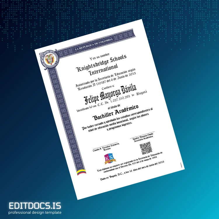 Editable Colombia Knightsbridge Schools International High School Diploma Page Preview - EditDocs