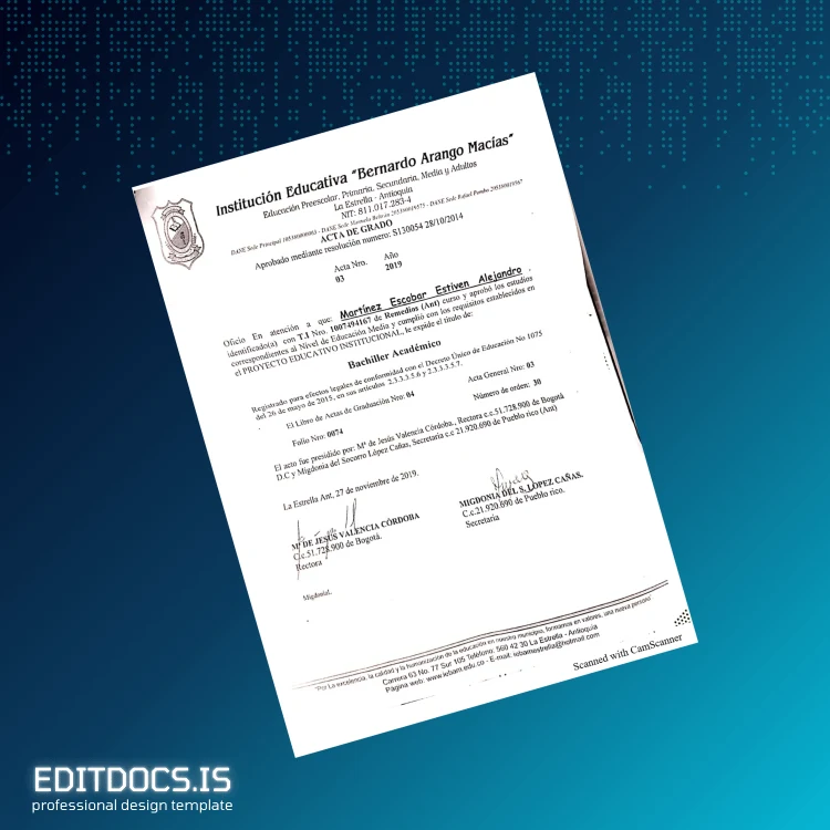 Editable Colombia La Estrella Escuela Normal de La Estrella Bachelor Certificate Page Preview - EditDocs