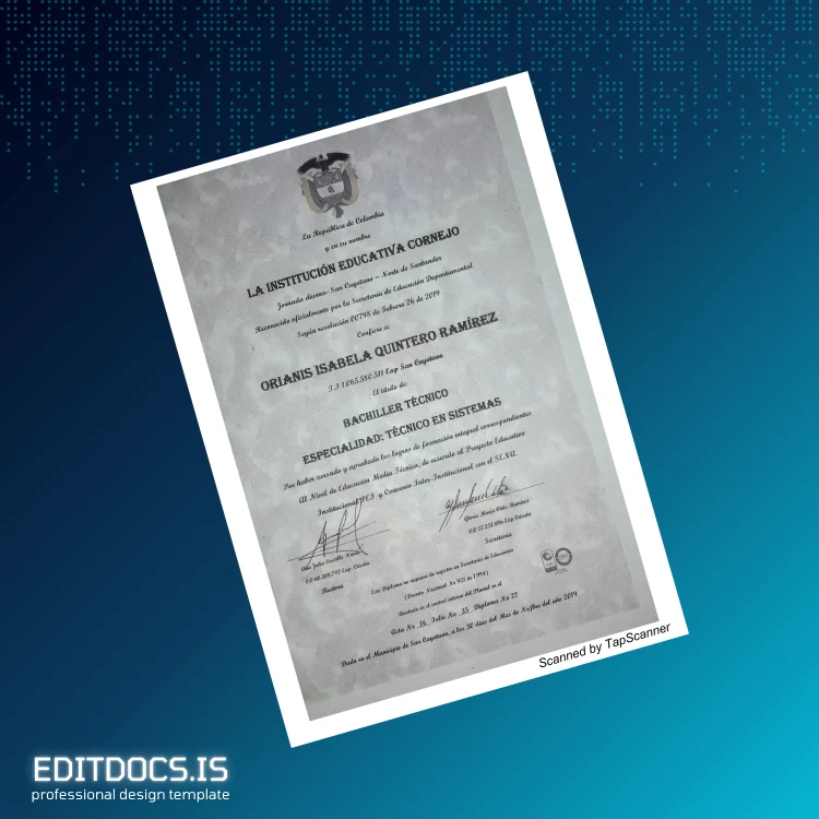 Editable Colombia La Institución Educativa Cornejo Technical Bachelor Certificate Page Preview - EditDocs