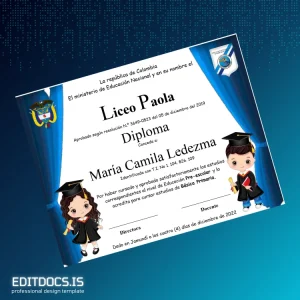 Editable Colombia Liceo Paola Pre-school Diploma Page Preview - EditDocs