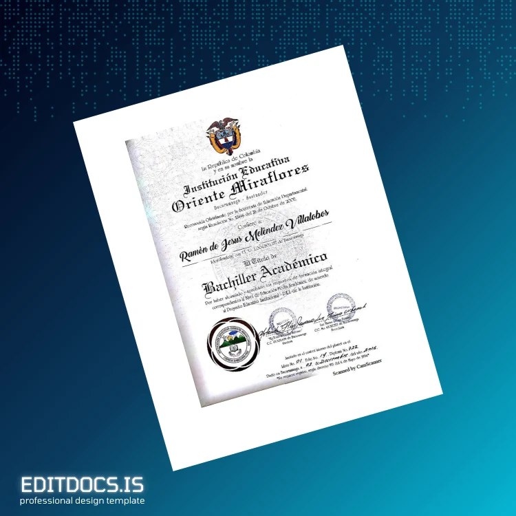 Editable Colombia Oriente Miraflores Academic Bachelor Diploma Template Page Preview - EditDocs