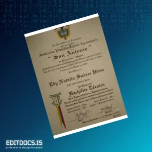 Editable Colombia San Antonio Technical Educational Institution Technical High School Diploma Page Preview - EditDocs