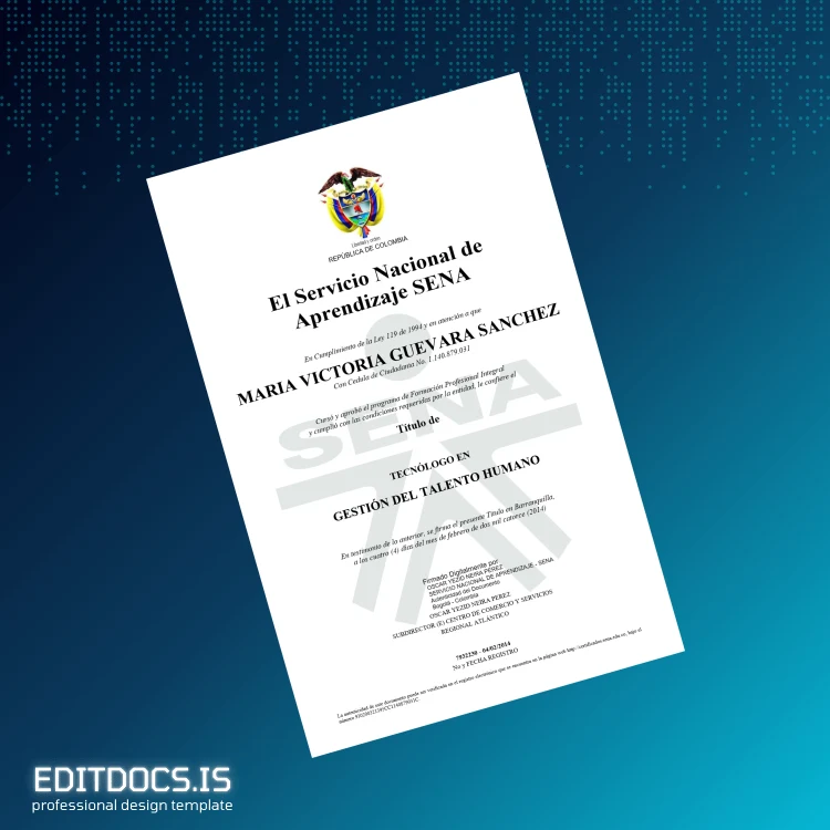Editable Colombia Servicio Nacional de Aprendizaje SENA Technologist in Human Talent Management Template Page Preview - EditDocs