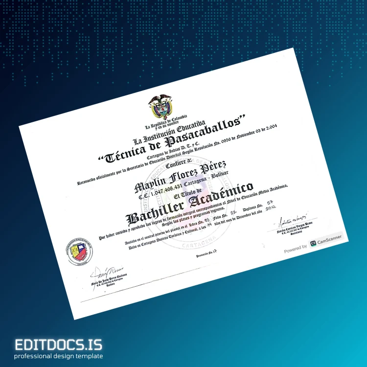 Editable Colombia Técnica de Pasacaballos Academic Bachelor Diploma Page Preview - EditDocs