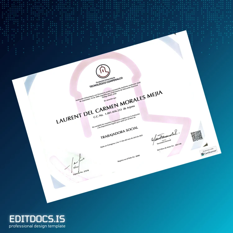 Editable Colombia Technológico Comfenalco Social Worker Diploma Page Preview - EditDocs
