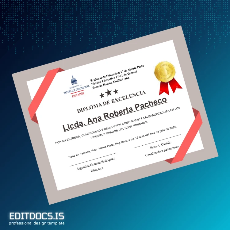 Editable Dominican Republic Ramon Emilio Caba School Excellence Diploma Template page 2 Page Preview - EditDocs