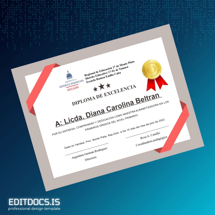 Editable Dominican Republic Ramon Emilio Caba School Excellence Diploma Template Page Preview - EditDocs