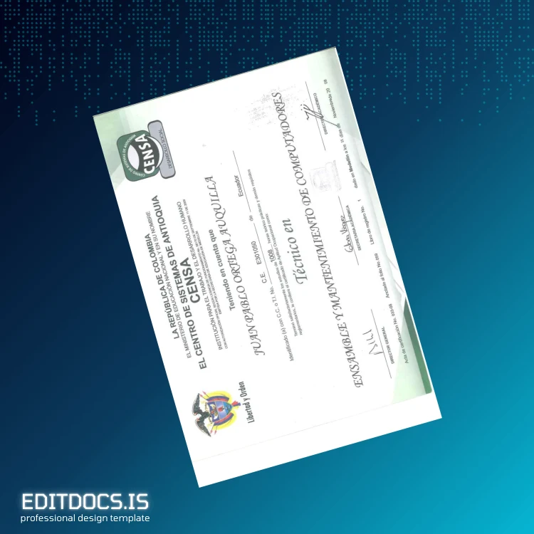 Editable Ecuador Censa Technical Diploma in Assembly and Maintenance Page Preview - EditDocs