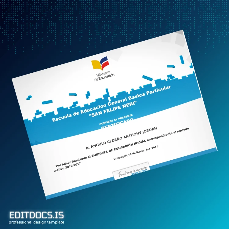 Editable Ecuador Escuela de Educacion General Basica Particular SAN FELIPE NERI Initial Education Certificate Page Preview - EditDocs