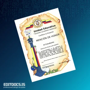 Editable Ecuador Teodoro Alvarado Garaicoa School Honor Mention Certificate Page Preview - EditDocs