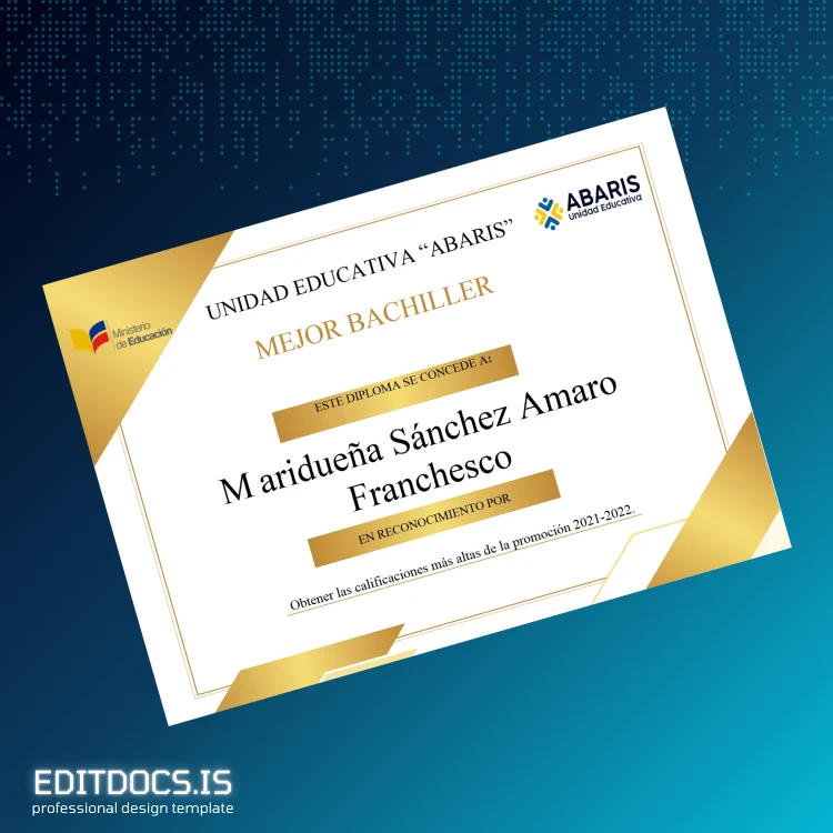 Editable Ecuador Unidad Educativa Abaris High School Diploma Page Preview - EditDocs