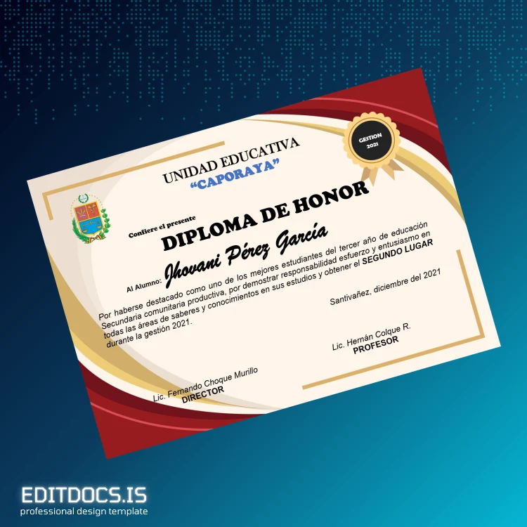 Editable Ecuador Unidad Educativa _Caporaya_ Honor Diploma page 2 Page Preview - EditDocs