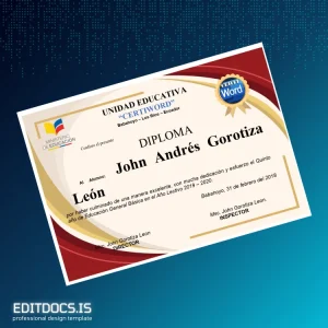 Editable Ecuador Unidad Educativa _Certiword_ Basic Education Diploma Page Preview - EditDocs
