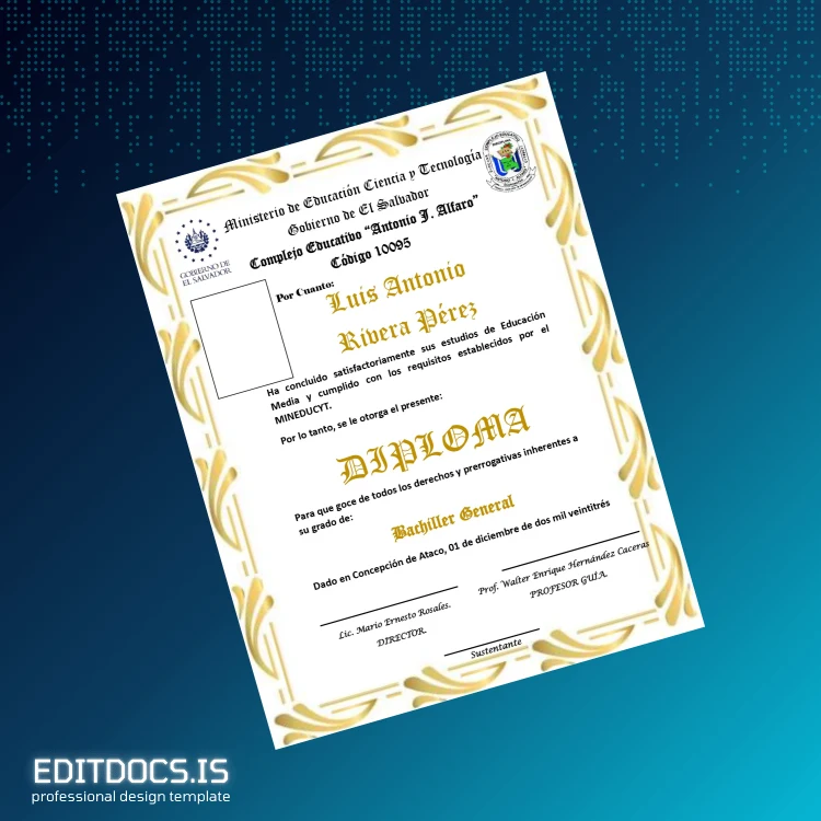 Editable El Salvador Complejo Educativo Antonio J. Alfaro High School Diploma Template Page Preview - EditDocs