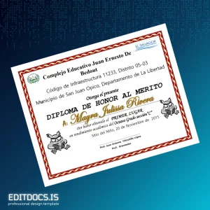 Editable El Salvador Complejo Educativo Juan Ernesto de Bedout Honor Diploma Template Page Preview - EditDocs