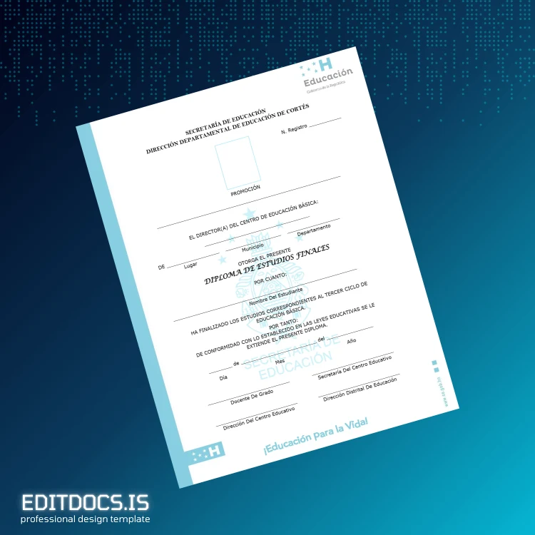 Editable El Salvador Diploma de 9th Grade Certificate Page Preview - EditDocs