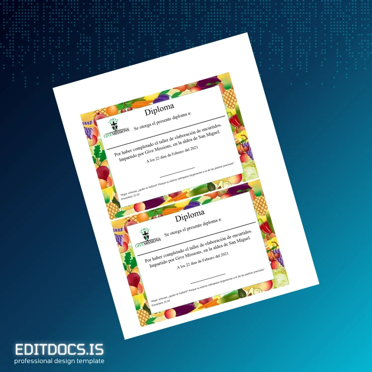 Editable El Salvador Give Missions Diploma Certificate in Pickling Workshop Page Preview - EditDocs