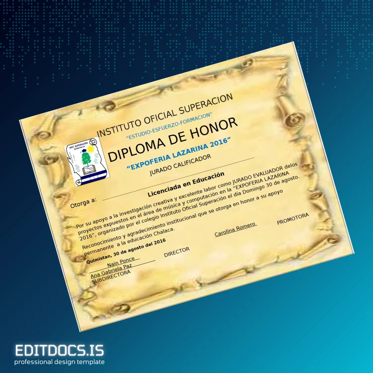 Editable El Salvador Instituto Oficial Superior PHD Certificate Page Preview - EditDocs