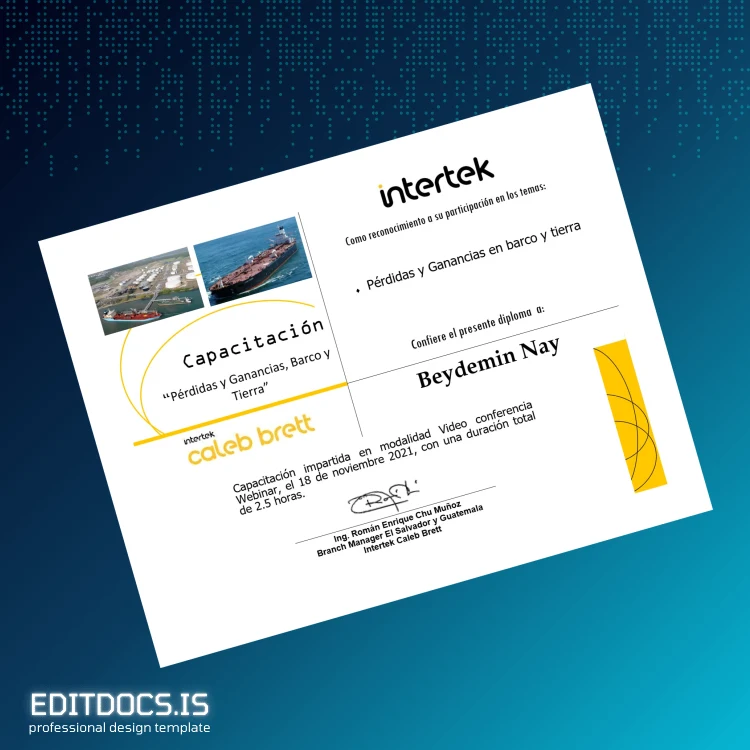 Editable El Salvador Intertek Caleb Brett Certificate of Completion in Losses and Gains at Sea and Land Page Preview - EditDocs