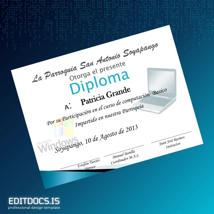 Editable El Salvador Parroquia San Antonio Soyapango Basic Computing Diploma Template Page Preview - EditDocs