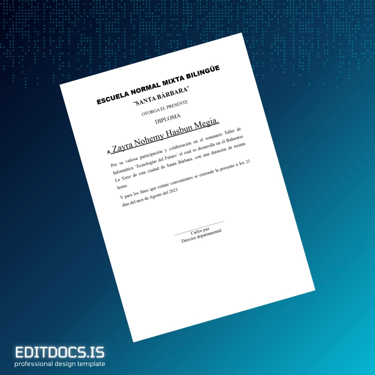 Editable El Salvador Santa Bárbara School Bilingual Normal Diploma in Computer Science Page Preview - EditDocs