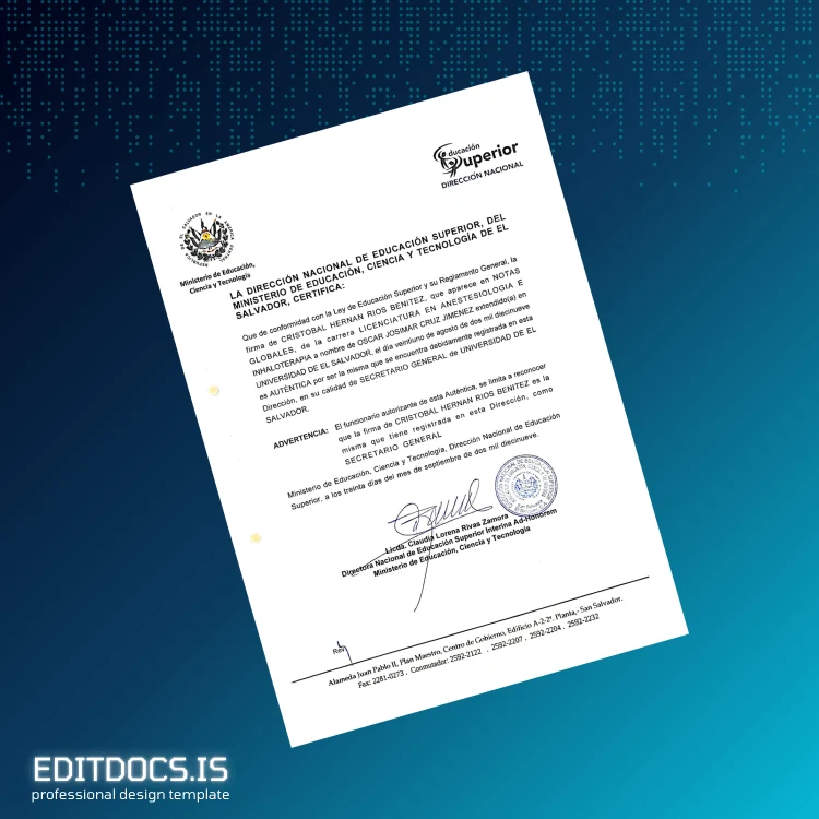 Editable El Salvador University of El Salvador Bachelor's Degree in Anesthesiology and Inhalotherapy Template page 3 Page Preview - EditDocs