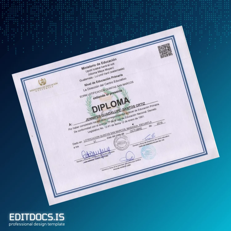 Editable Guatemala EORM Lotificacion Quintas San Marcos Primary Education Diploma Page Preview - EditDocs