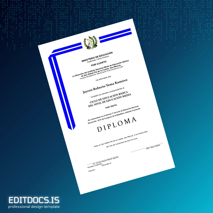 Editable Guatemala Instituto Nacional Mixto de Educación Básica High School Diploma Page Preview - EditDocs