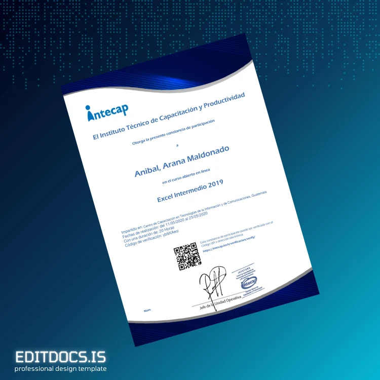 Editable Guatemala Instituto Técnico de Capacitación y Productividad Excel Intermediate Diploma Page Preview - EditDocs