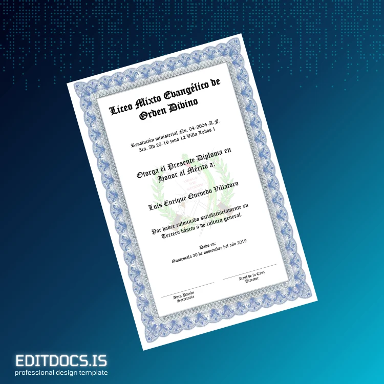 Editable Guatemala Liceo Mixto Evangélico de Orden Divino High School Diploma Page Preview - EditDocs