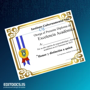 Editable Honduras Instituto Gubernamental San Francisco Diploma of Academic Excellence Page Preview - EditDocs