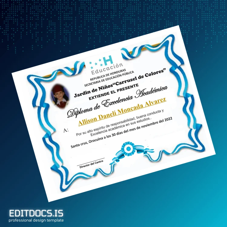 Editable Honduras Jardin de Niños _Carrusel de Colores_ Excellence Diploma page 3 Page Preview - EditDocs