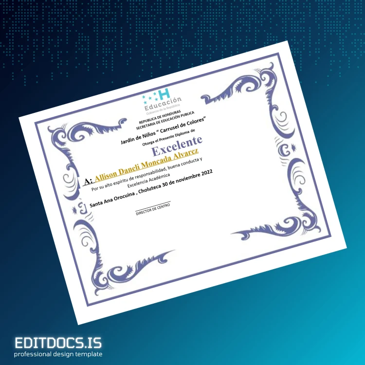 Editable Honduras Jardin de Niños _Carrusel de Colores_ Excellence Diploma Page Preview - EditDocs