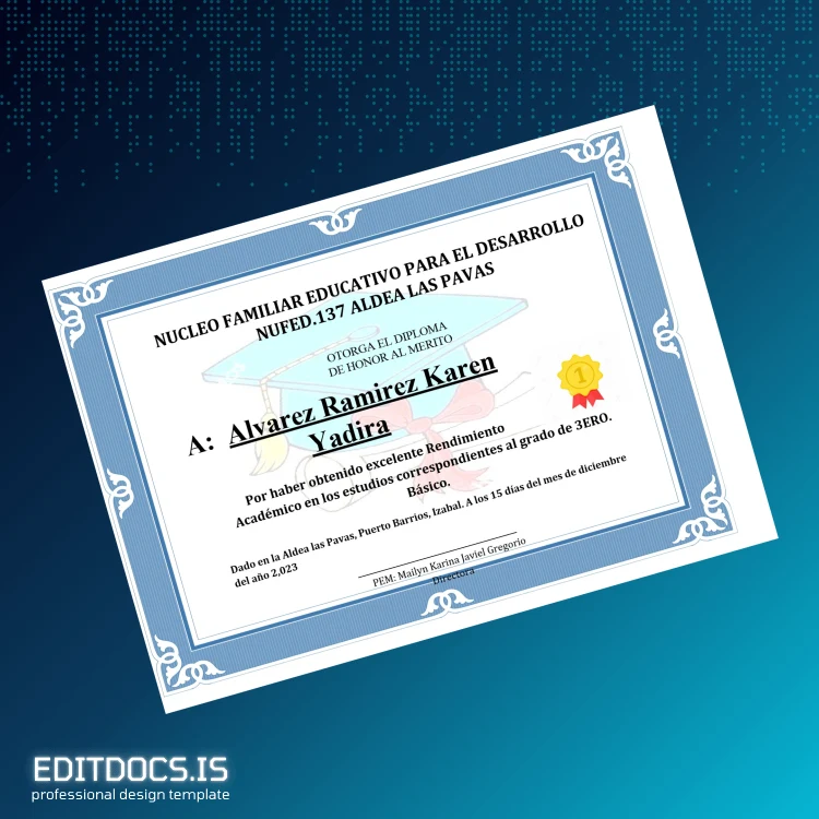 Editable Honduras NUFD. 13 Aldea Las Pavas Honor Diploma Page Preview - EditDocs