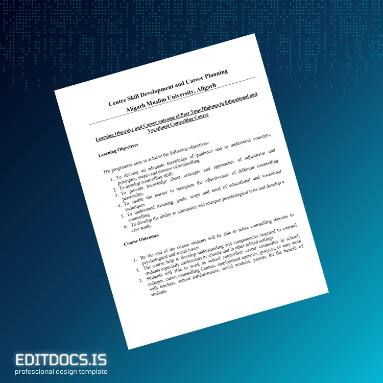 Editable India Aligarh Muslim University Diploma in Educational Counselling Skills Page Preview - EditDocs