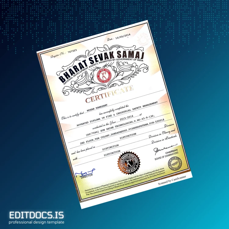 Editable India Bharat Sevak Samaj Advanced Diploma in Fire and Industrial Safety Management Template Page Preview - EditDocs