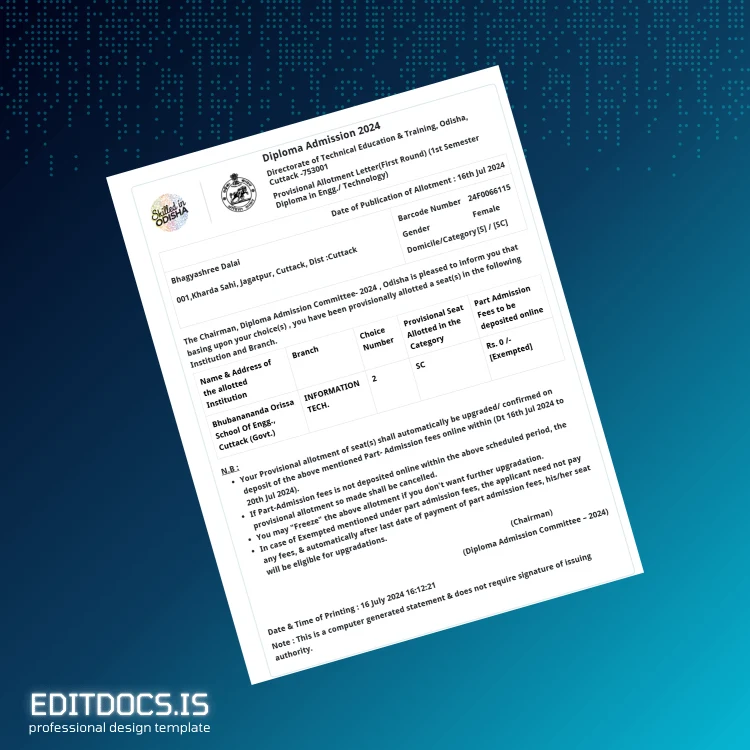 Editable India Bhubananda Orissa School of Engg. Diploma in Engineering Technology Template Page Preview - EditDocs