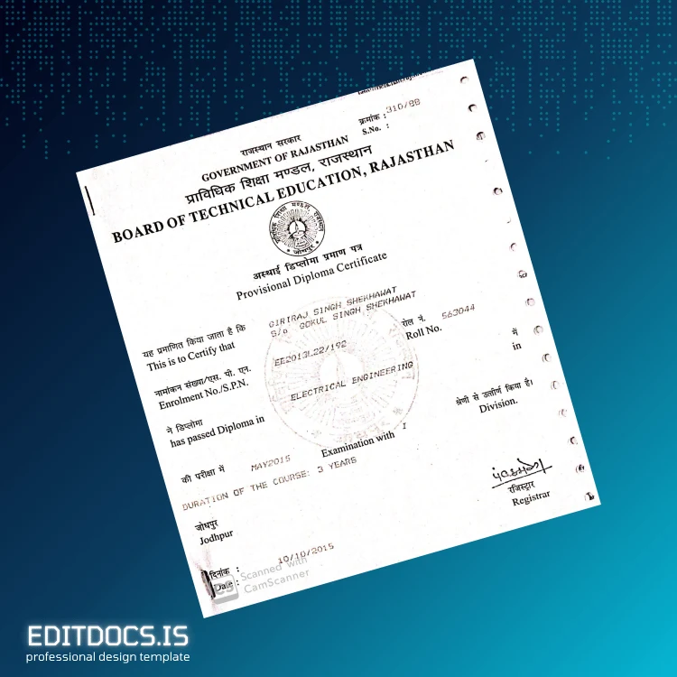 Editable India Board of Technical Education Rajasthan Diploma in Electrical Engineering Template Page Preview - EditDocs