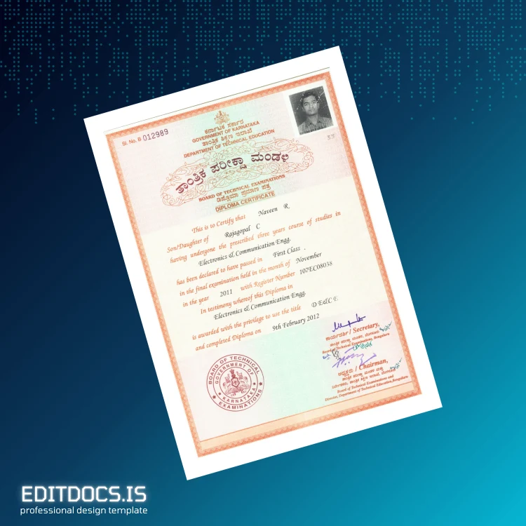 Editable India Board of Technical Examinations Diploma in Electronics and Communication Engg Template Page Preview - EditDocs