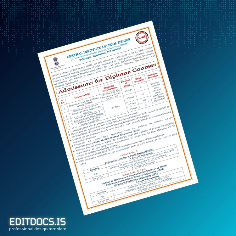 Editable India Central Institute of Tool Design Diploma Certificate Template Page Preview - EditDocs