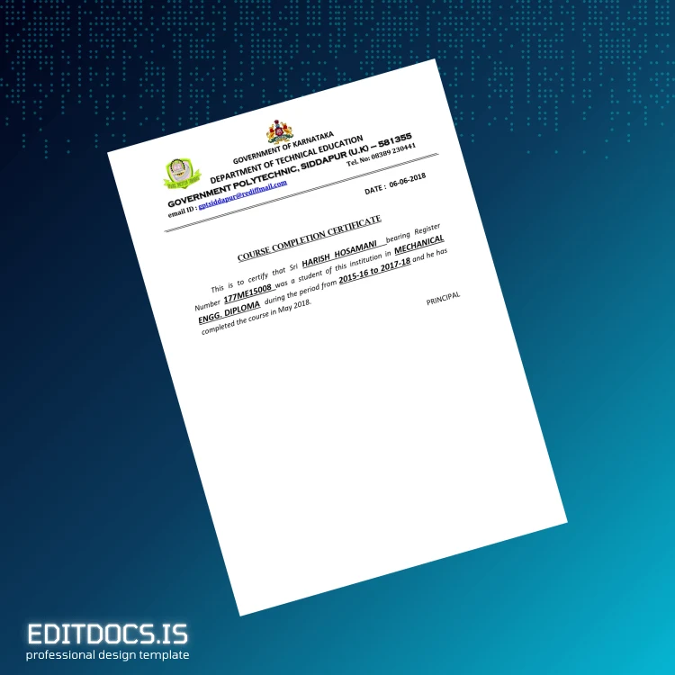 Editable India Government Polytechnic Siddapur Mechanical Engineering Diploma Page Preview - EditDocs