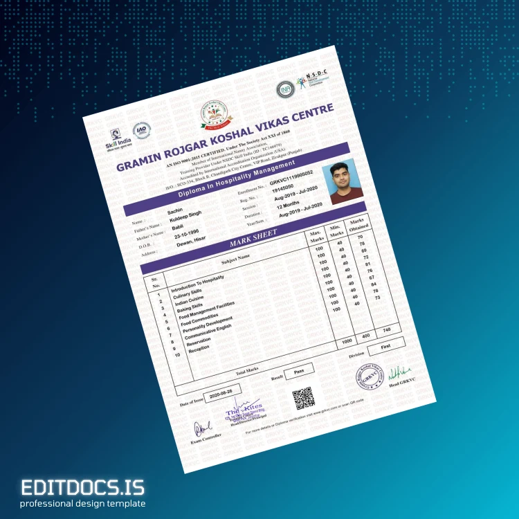 Editable India Gramin Rojgar Koshal Vikas Centre Diploma in Hospitality Management Template page 2 Page Preview - EditDocs